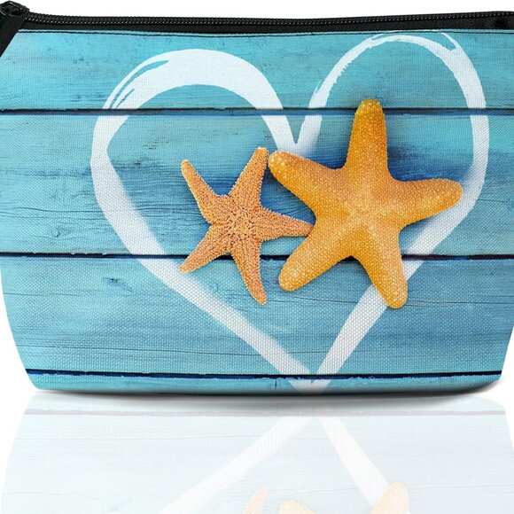 Beach Starfish Cosmetic Bag Coastal Blue Wooden Makeup Bags,Travel Make up Bags - Picture 1 of 8